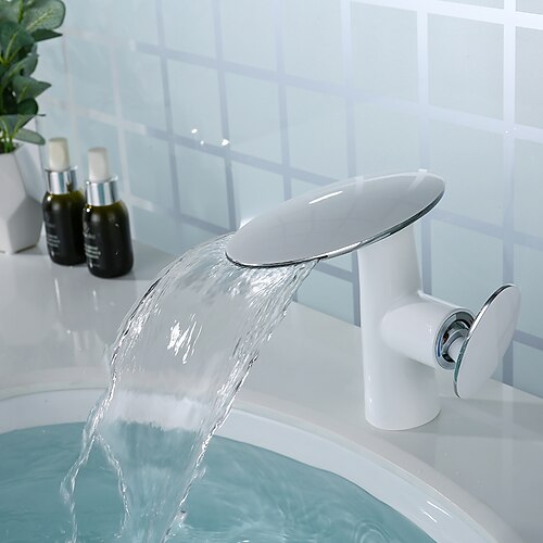 

Brass Waterfall Bathroom Sink Faucet,White Single Handle One Hole Painted Finishes Bath Taps wtih Hot and Cold Switch
