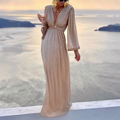 

Women's Party Dress Maxi long Dress Khaki Long Sleeve Solid Color Mesh Fall Winter V Neck Party Elegant Sexy Party 2022 S M L XL