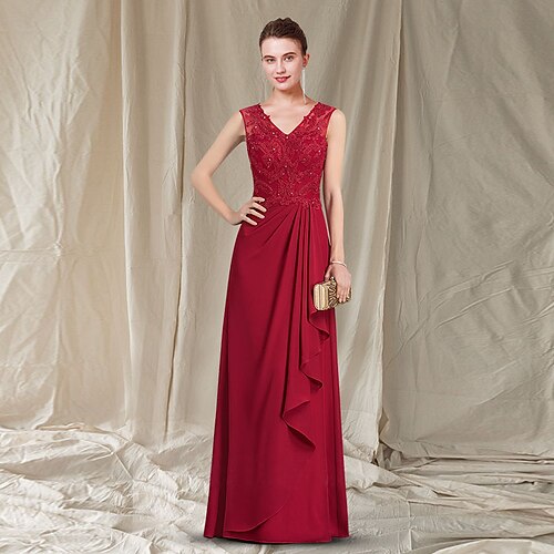 

A-Line Mother of the Bride Dress Elegant V Neck Floor Length Chiffon Lace Sleeveless with Pleats Beading Appliques 2022