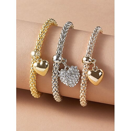 

3pcs Women's Bracelet Geometrical Heart Stylish Luxury Elegant Vintage French Imitation Diamond Bracelet Jewelry Golden For Party Gift Daily Prom Festival