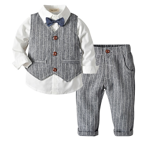 

3 Pieces Kids Boys Clothing Set Outfit Stripe Long Sleeve Bow Cotton Set Outdoor Daily Gentle Fall Spring 2-8 Years Khaki Light Blue Gray