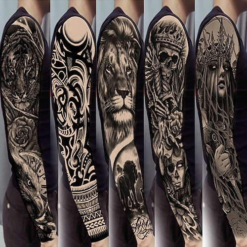 

5 Pcs Full Arm Temporary Tattoos Sleeve For Men Women Realistic Fake Tatoos Warrior Lion Tiger Flower Tatoo Sticker Black Totem Maori