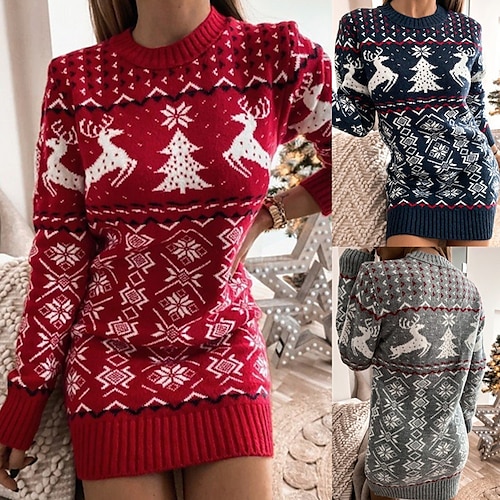 

Women's Christmas Sweater Dress Winter Dress Sheath Dress Short Mini Dress Red Navy Blue Gray Long Sleeve Elk Snowman Snowflake Knit Fall Winter Round Neck Turtleneck Stylish Casual 2022 S M L XL XXL