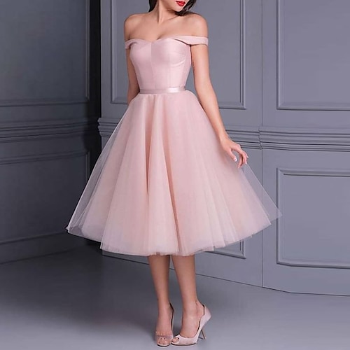 

Ball Gown Flirty Empire Graduation Cocktail Party Dress Off Shoulder Sleeveless Knee Length Tulle with Pleats Pure Color 2022