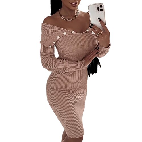 

Women's Bodycon Short Mini Dress Black Blue Pink Light Brown Khaki Long Sleeve Pure Color Cold Shoulder Button Fall Winter Shirt Collar Casual 2022 S M L XL XXL 3XL