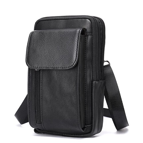 

Men's Fanny Pack Mobile Phone Bag Sling Shoulder Bag Nappa Leather Cowhide Daily Zipper Black Brown Coffee