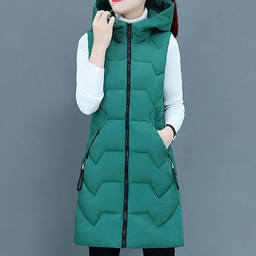 

Mulheres Colete Gilet Casaco com capuz Casual Roupa de rua Estilo bonito Zip Completo Bolsos Rua Diário Dia Dos Namorados Para Noite Casaco Poliéster Longo Lótus Verde Preto Outono Inverno Zíper Capuz