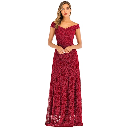

Sheath / Column Elegant Vintage Party Wear Formal Evening Dress Off Shoulder Short Sleeve Floor Length Lace with Lace Insert Pure Color 2022