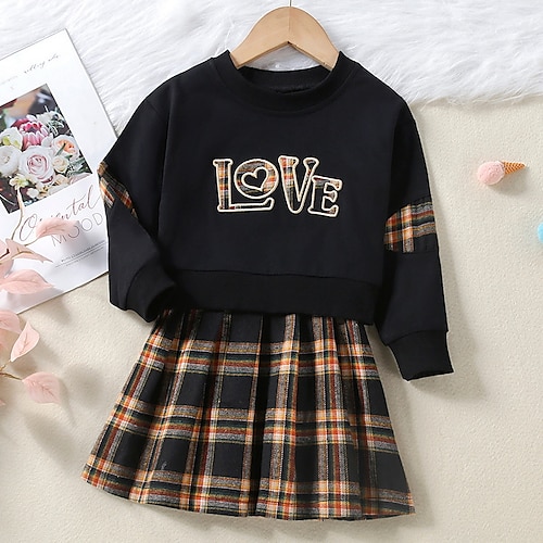 

2 Piezas Niños Chica Conjunto de Ropa Vestimenta Leopardo Letra Manga Larga Frunce Algodón Establecer Exterior Diario Dulce Otoño Primavera 2-6 años Negro