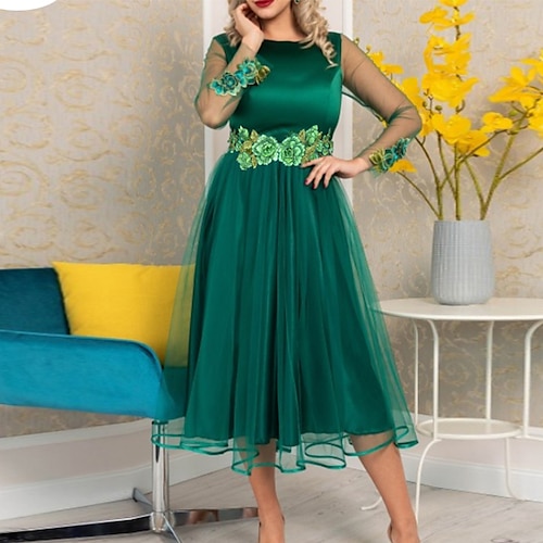 

A-Line Cocktail Dresses Floral Dress Wedding Guest Tea Length Long Sleeve Jewel Neck Polyester with Appliques 2022 / Cocktail Party