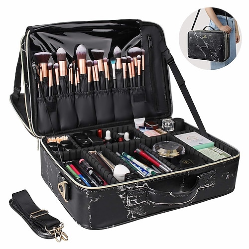 

large makeup case makeup bag organizer large professional makeup bag waterproof travel cosmetic case with removable dividers, shoulder strap and fixing strap black (large, marble black)