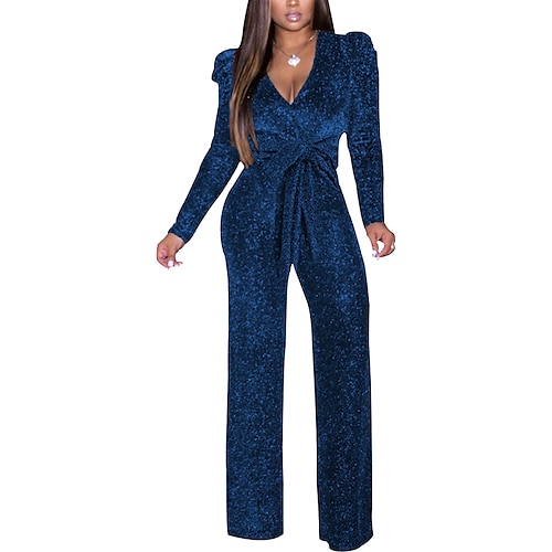 

Damen Jumpsuit mit Schnürung V Ausschnitt Strassenmode Strasse Regular Fit Langarm Blau Purpur Wein S M L XL Herbst