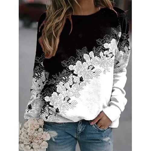

Women's Sweatshirt Pullover Casual Patchwork Print Black And White Floral Loose Fit Round Neck Long Sleeve S M L XL XXL / 3D Print
