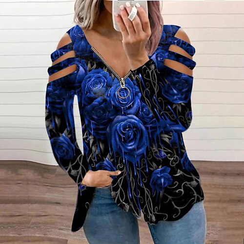 

Women's Plus Size Tops T shirt Tee Rose Hollow Out Cut Out Long Sleeve Deep V Casual Valentine's Day Causal Daily Cotton Fall Winter Hollow long sleeve-purple Hollow long sleeves-blue