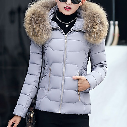 

Women's Winter Jacket Puffer Jacket Hoodie Jacket Street Daily Going out Winter Fall Regular Coat Regular Fit Warm Breathable Cute Streetwear Jacket Long Sleeve Solid Color Fur Trim Pocket Pink Gray