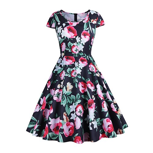 

Mulheres Vestido de festa Vestido Swing Fúcsia Manga Curta Floral Zíper Primavera Verão Gola Redonda Festa S M L XL XXL