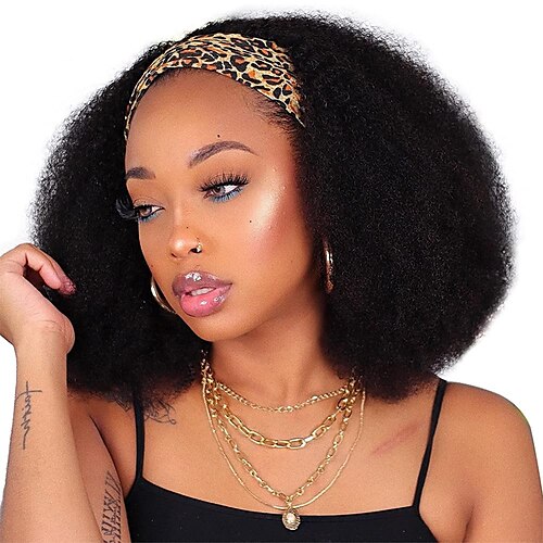 

Cabelo Humano Peruca Longo Afro Kinky Com Faixa de Cabelo Natural Festa Melhor qualidade Nova chegada Sem Touca Cabelo Brasileiro Mulheres Preto Natural # 1B 12 polegadas 14 polegadas 16 polegadas