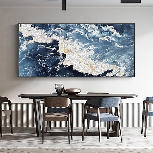 

Oil Painting Handmade Hand Painted Wall Art Abstract Seascape Blue Ocean and White Waves Home Decoration Decor Stretched Frame Ready to Hang