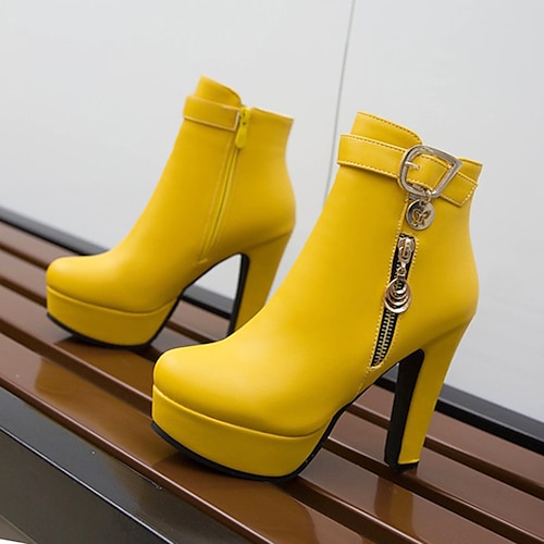 Lib Round Toe Cuban Heels Side Zipper Ankle Highs Double Buckle Straps Lace  Up Platforms Boots - Yellow in Sexy Boots - $73.06