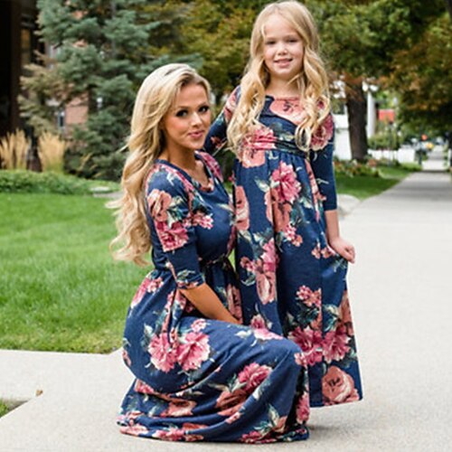 

Mommy and Me Dresses Floral Graphic Sports & Outdoor Print Dusty Blue Long Sleeve Midi Casual Matching Outfits / Fall / Spring / Cute
