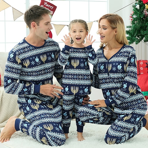 

Christmas Pajamas Ugly Family Set Striped Graphic Christmas pattern Christmas Gifts Print Blue Long Sleeve Mom Dad and Me Active Matching Outfits Homes Fall Spring Casual