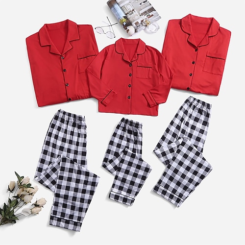 

Pijamas Olhar de família Xadrez Interior Imprimir Vermelho Manga Longa Casual Roupas Combinando