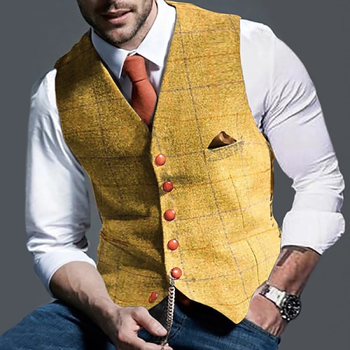 

Men's Suit Vest Waistcoat Party Evening Work Festival Business Formal Casual Plaid Single Breasted One-button Slim Cotton Blend Men's Suit Gray / Yellow - V Neck / Sleeveless / Plus Size