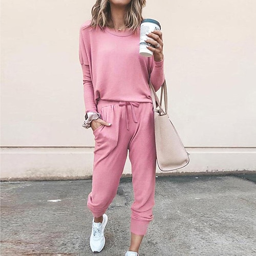 

Women's Sweatsuit 2 Piece Set Drawstring Pocket Loose Fit Minimalist Crew Neck Polyester Solid Color Cute Sport Athleisure Clothing Suit Long Sleeve Soft Oversized Comfortable Running Everyday Use