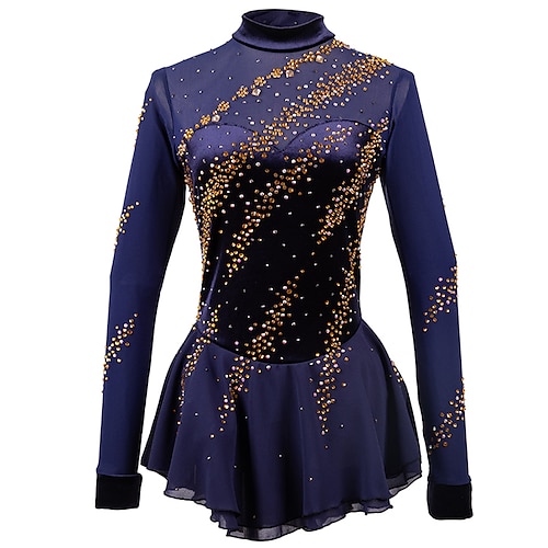 

Figure Skating Dress Women's Girls' Ice Skating Dress Outfits Dark Blue Open Back Mesh Spandex High Elasticity Training Competition Skating Wear Handmade Classic Crystal / Rhinestone Long Sleeve Ice