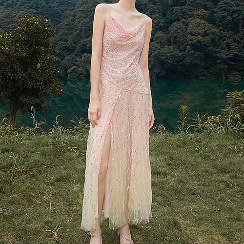 

A-Line Evening Dresses Beautiful Back Dress Prom Ankle Length Sleeveless Spaghetti Strap Polyester with Sequin Slit 2022 / Formal Evening