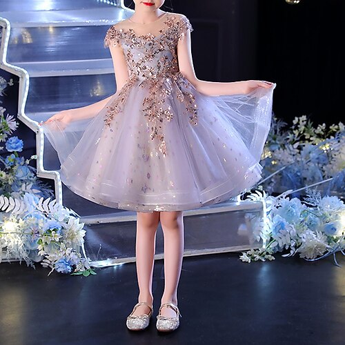 

Kids Girls' Dress Flower Swing Dress Above Knee Dress Wedding Sequins Sleeveless Elegant Dress 3-12 Years Fall Purple