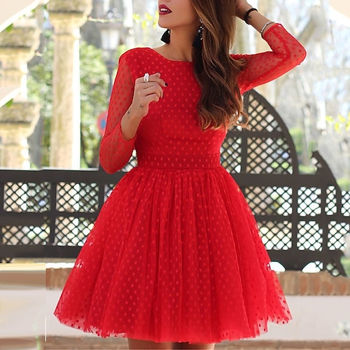 

Women's Christmas Short Mini Dress Red Long Sleeve Pure Color Backless Lace Patchwork Fall Winter Crew Neck Party Hot Elegant Party Homecoming 2022 S M L XL