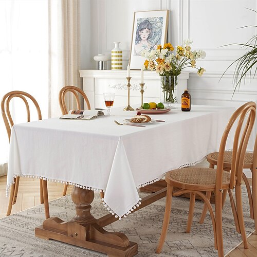 

toalha de mesa com borla, toalha de mesa de linho de algodão retangular, à prova de poeira, à prova de rugas, capa de mesa pesada resistente a arranhões para decoração de mesa de jantar de cozinha