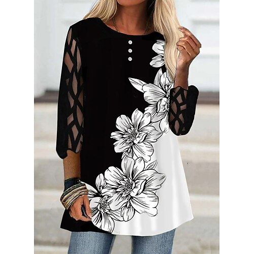 

Damen T Shirt Schwarz Wein Blau Blumen Farbblock Spitze Patchwork 3/4 Ärmel Casual Wochenende Basic Rundhalsausschnitt Standard Farbe S