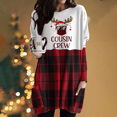 

Women's T shirt Tee Wine Fuchsia Red Color Block Santa Claus Pocket Long Sleeve Christmas Casual Basic Christmas Round Neck Regular S