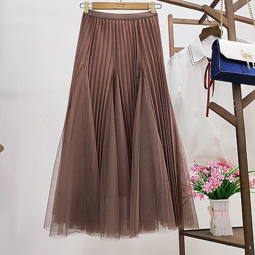 

Women's Skirt & Dress Swing Midi Organza Brown Beige Gray Black Skirts Winter Pleated Layered Lined Basic Going out Weekend One-Size / Loose Fit