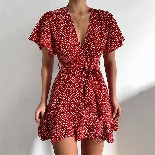 

Women's Sheath Dress Mini Dress Black Rainbow Red Short Sleeve Ruffle Spring Summer V Neck Party Slim S M L XL XXL 3XL