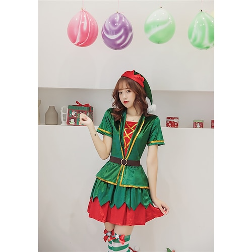 

Santa Suit Elf Adults' Women's Cosplay Costume Christmas Christmas Christmas Festival / Holiday Terylene Green Women's Easy Carnival Costumes Solid Color