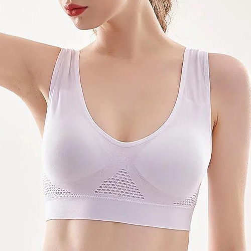 

Women's Yoga Top Medium Support Summer Removable Pad Wireless Solid Color Black White Nylon Yoga Fitness Gym Workout Sports Bra Sleeveless Sport Activewear Breathable Quick Dry Moisture Wicking
