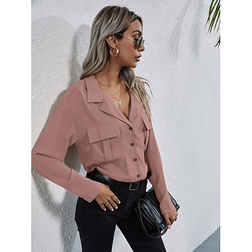 

Women's Blouse Shirt Pink Wine Army Green Plain Button Pocket Long Sleeve Daily Weekend Streetwear Casual Shirt Collar Regular S