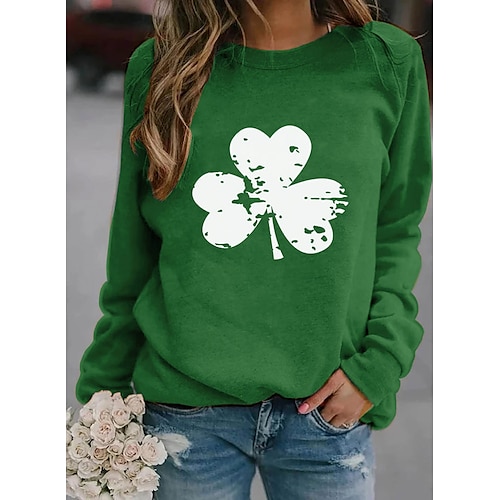 

Women's Sweatshirt Pullover Streetwear St. Patrick's Day Print Green Light Green Leaf Text Casual Crew Neck Long Sleeve S M L XL XXL