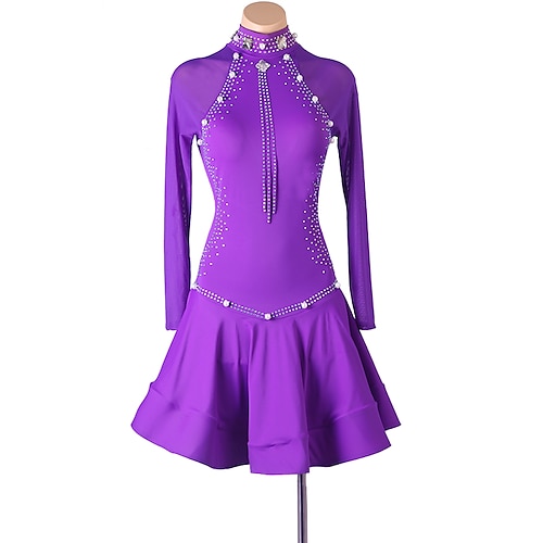 

Latin Dance Ballroom Dance Latin Salsa Dance Dress Rhinestone Pearls Women's Girls' Training Performance Long Sleeve High Spandex