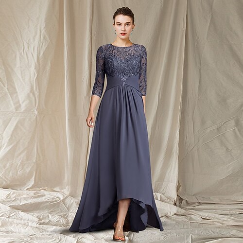 

A-Line Mother of the Bride Dress Elegant Jewel Neck Sweep / Brush Train Asymmetrical Tea Length Chiffon Lace 3/4 Length Sleeve with Sequin Appliques 2022