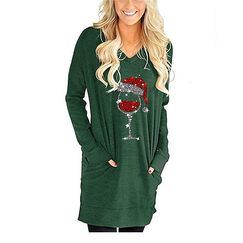 

Women's Sweatshirt Pullover Streetwear Long Christmas Pocket Print Green Black Gray Wine bottle Christmas V Neck Long Sleeve S M L XL XXL