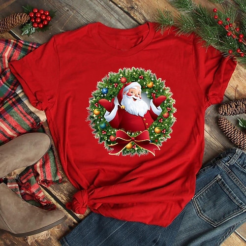 

Women's T shirt Tee Green Yellow Red Santa Claus Snowflake Print Short Sleeve Gift Casual Basic Round Neck Regular Painting S