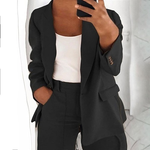 

Women's Plus Size Blazer Plain Causal Vacation Long Sleeve Notch lapel collar Regular Fall Winter Blue Blushing Pink Gray L XL XXL 3XL 4XL