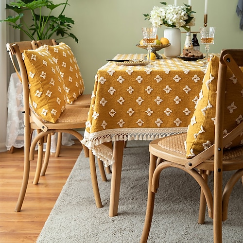

Yellow Embroidered Tassel Tablecloth, Rectangle Cotton Linen Table Cloth, Dust-Proof, Wrinkle-Proof, Scratch-Resistant Heavy Weight Table Cover for Kitchen Dinning Tabletop Decoration