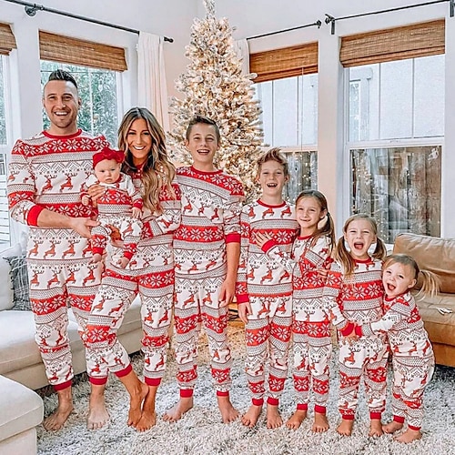 

Рождественская пижама, семейный вид, зимний пижамный комплект, олень, рождественский узор, принт, красный, с длинным рукавом, домашняя повседневная подходящая одежда