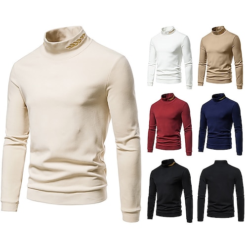 

Men's T shirt Tee Turtleneck shirt Solid Color Rolled collar Wine Red Navy Blue Coffee White Casual Work Long Sleeve Warm Clothing Apparel Classic Essential