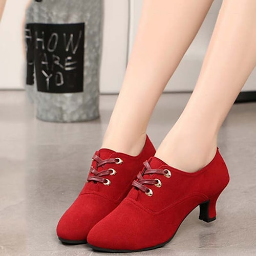 

Women's Latin Shoes Practice Trainning Dance Shoes Outdoor Lace Up Simple Style Splicing Cuban Heel Wine Red Black Brown